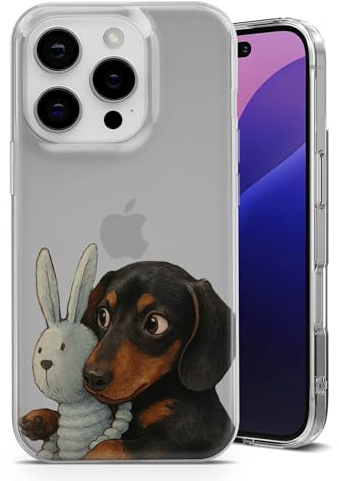 EMIT PRINT Dackel Würstchenhund Lustiges Design Hülle für iPhone 6,7,8,X,XR,11,12,13,14,15,16,17,Air,e Serie | Klare stoßfeste TPU Schutzhülle | Hasenfreund