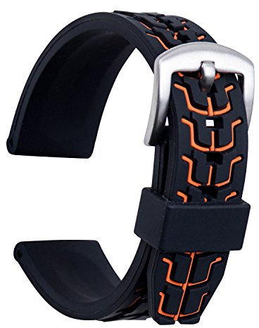 ULLCHRO Bracelet Montre Remplacer Silicone Bracelet Montre TextuRouge - 20, 22, 24mm Caoutchouc Montre Bracelet avec Acier Inoxydable Boucle Argent (24mm, Orange)