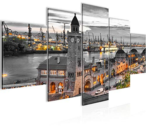 Runa Art - Bilder Hamburg 200 x 100 cm 5 Teilig XXL Wanddekoration Design Grau 603051b