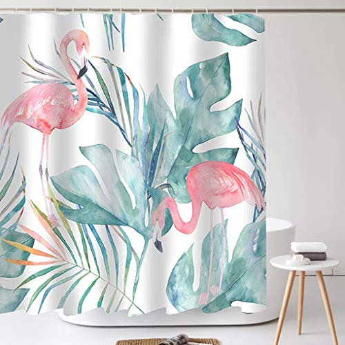 Tititex Duschvorhang mit Haken, tropischer Flamingo, moderner Stil, wasserdichter Stoff, Badezimmer-Dekor-Set, 183 x 183 cm, Blaugrün