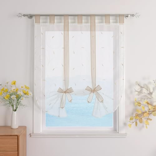 ESLIR Raffrollo mit Schlaufen Raffgardinen Gardinen Küche Bindegardine Transparent Schlaufenrollo Vorhänge mit Stickerei Modern Voile Sand BxH 120x140cm 1 Stück