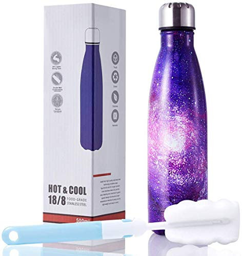 JIUJ Insulated Water Bottle 500ml Stainless Steel Water Bottle Bpa Free Double-walled Vacuum Flask For Sports Hot And Cold For 12 Hours With Brush Purple