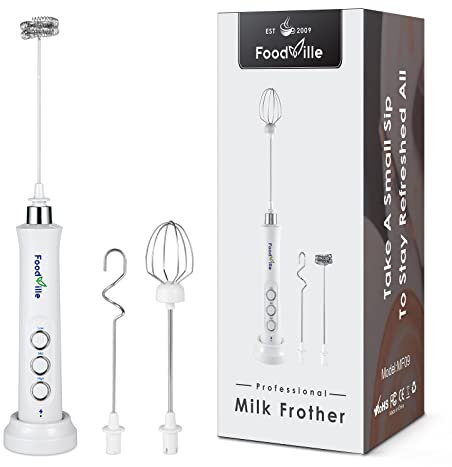 FoodVille MF09 3 in 1 Rechargeable Milk Frother Handheld Foam Maker with Charging Stand & 3 Stainless Steel Whisks (White without Case)