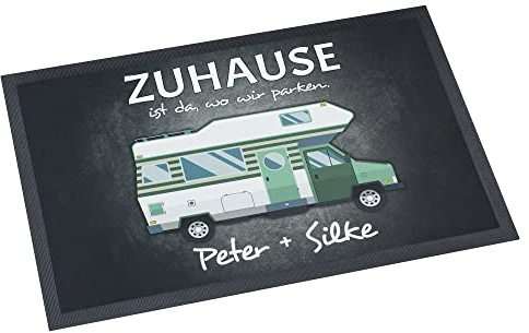 Unikatolo Fußmatte mit Name personalisiert - Fußabtreter, Wohnmobil, Camping, Abenteuer, Outdoor, Retro, türkis, dunkelgrau, individuell Bedruckt, Hochzeitsgeschenk, Paare, Urlaub, Reisen (60 x 40)