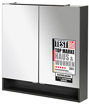FACKELMANN Luna Spiegelschrank, Badezimmerschrank, 80 cm x 80 cm x 15,5 cm, Korpus Schwarz/Anthrazit, LED-Beleuchtung, mit Soft-Close-System, Made in Germany