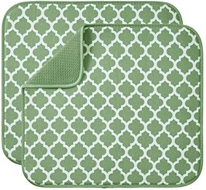 Microfibre Drying Mat for Kitchen Dish Drying Drainer Mat Absorbent Drying Mat Washing Up for Glass, Plate &Cup 40cm x 46 cm 2 Pack Teal Trellis