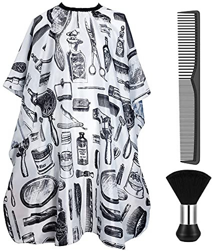 Professioneller Friseurumhang mit Hals-Staubbürste, Haarschneideumhang und Friseurkamm, Salonzubehör für Damen und Herren(Weißer Druck)