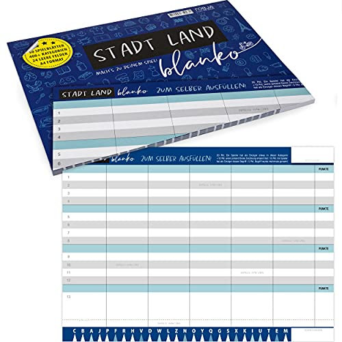 TOBJA Stadt Land Blanko Spiel - Stadt-Land-Fluss Vorlage Gesellschaftsspiel | Spieleblock mit 24 Feldern als Familien & Partyspiel | 50 DIN A4 Blätter 400+ Kategorien | Der Knobelspaß Block (Blanko)