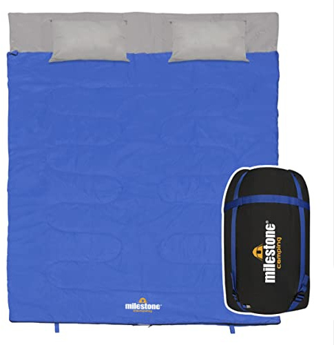 Milestone Camping 26759 Doppel-Umschlag-Schlafsack mit Kissen, 250 g/m², 2 Jahreszeiten, Kompressionssack, wasserabweisend, Camping, Rucksackreisen oder Wandern