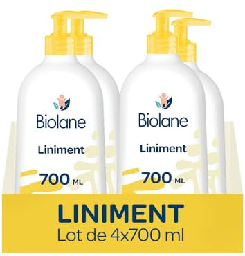 BIOLANE – Lot de 4 Flacons Liniment bébé Oléo-calcaire - Nettoyant sans rinçage – 99% Origine naturelle – Peaux Sensibles - Nettoie et protège le siège de bébé – 4 Flacons 700ml – Fabriqué en France