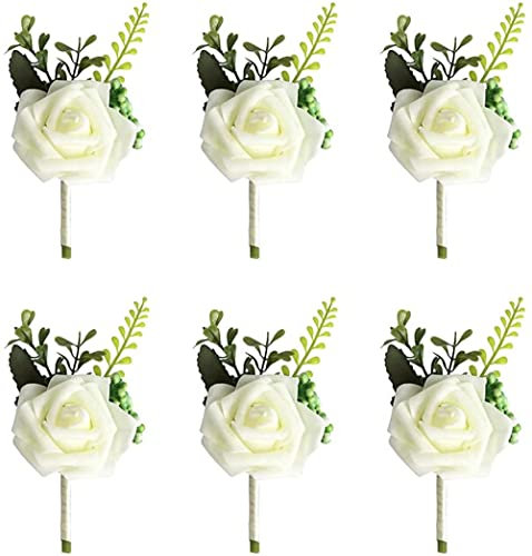 LATRAT Lot de 6 broches en forme de fleur de mariée - Pour mariage, marié, demoiselle d'honneur, témoin, invités, blanc