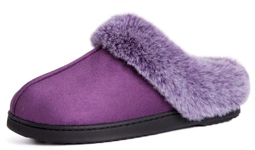 VeraCosy Women's Classic Suede Memory Foam Slippers Anti-Skid Scuff with Warm Faux Fur Collar, Purple, 7/8 UK