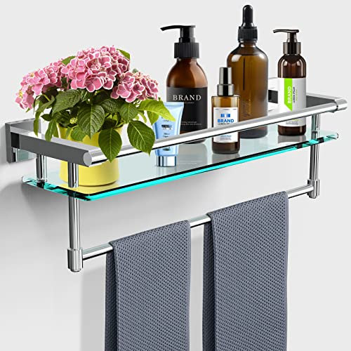 SFGSOWOR 50,8 cm Badezimmer-Glasregal mit Handtuchstange/Handtuchhalter, Wandmontage, gehärtetes Glas, Aufbewahrung, Hotel, Handtuchaufbewahrung, Sus304, rostfreier Edelstahl, verchromt