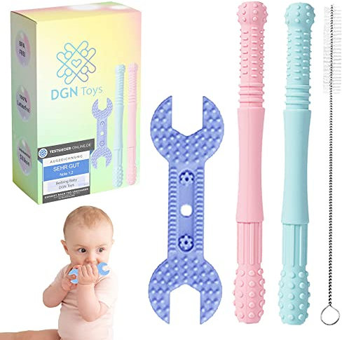 Beißröhrchen Baby aus Lebensmittel Silikon 4 Tlg. Set | Hohle Beißröhren BPA Frei | Reinigungsbürste | Kauspielzeug | Beissröhrchen Baby | Beißring Baby