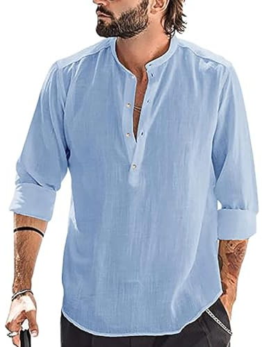 YAOBAOLE Chemise Lin Homme Manche Longue Chemise Lin Homme Slim Fit Chemises Hommes Été Chemises Hommes Col Mao Bleu L