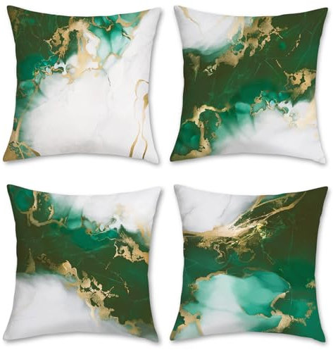 Bonhause 4er Set Kissenbezüge Marmor Smaragdgrün 45 x 45 cm Beide Seiten Grün Gold Abstrakte Samt Soft Dekorative Kissenhülle Zierkissenbezüge für Sofa Schlafzimmer Wohnzimmer Zuhause Dekoration
