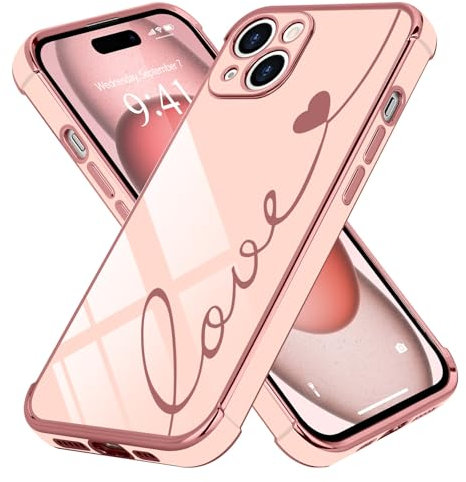 LCHULLE Kompatibel mit iPhone 15(6.1 Zoll) Hülle Liebesherz Handyhülle Mädchen Kameraschutz Herz Schutzhülle Cute Love Silikon Case für iPhone 15 Rosa