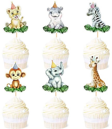 Blumomon 24 Stück Baby Safari-Dschungel Tiere Cupcake Topper Waldthema Geburtstagsparty Zubehör für Kinder und Erwachsene Party-Dekorationen