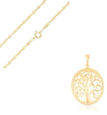 2014.Jewelyr.Luxe Collier Femme Chaîne Torsadée et Pendentif Arbre de Vie Ovale Plaqué Or Jaune 750/1000 3 Microns