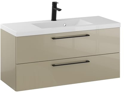 Furni Rosen 100 cm Hängend Waschbecken mit Unterschrank und Stilvollen und Mattschwarzen Griffen Waschbeckenunterschrank Badezimmer Waschtisch mit Unterschrank Waschtischunterschrank