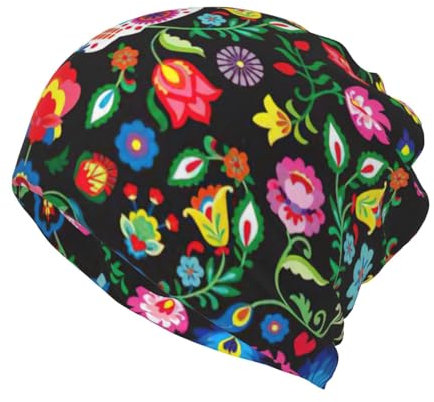 Sugar and Skulls and Flowers Print Unisex Beanie Hat Stretch Skull Cap Slouchy Head Headband Scarf Hip Hop Hats, Zucker, Totenköpfe und Blumen, One size