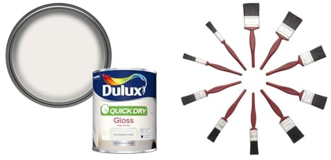 Dulux Quick Dry Gloss Paint For Wood And Metal - Pure Brilliant White 750 ml & Fit For The Job 10 pc Mixed Sizes Paint Brush Set for a Smooth Finish with Emulsion