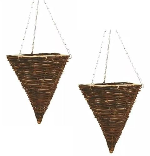 Fyne-Finds Set of 2 Cone Dark Brown Wicker Hanging Baskets 36cm, 14inch Lined Rattan Willow Planter with Chains