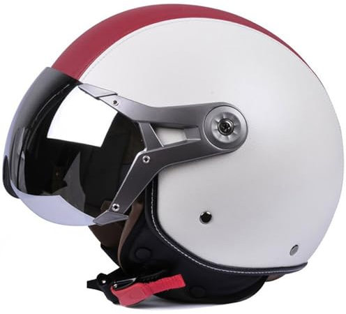 Jethelm mit Sonnenblende, Retro Motorradhelm Leder mit 7-Absätze-Sicherheitsschnalle, ECE 22.06 Zertifiziert, Motorradkreuzer-Rollerhelm im Deutschen Stil (57-62cm)