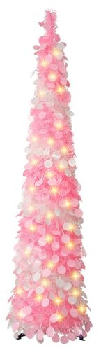 5Ft/ 1.5m Pop Up Tinsel Christmas Tree, Collapsible Artificial Christmas Tree with 100LED Lights, Large Sequins Pencil Xmas Tree for Outdoor & Indoor Party Carnival Decorations (Pink and White)