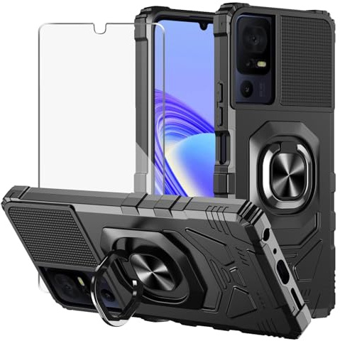 MQERYBV for TCL 505 Case with Tempered Glass Screen Protector Protection Cover Shockproof Heavy Duty [Military-Grade] Rugged Phone Case with Kickstand for TCL 505 (Black)
