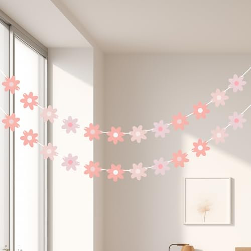 Moorle 2 Packs Gänseblümchen Boho Banner, Gänseblümchen Party Deko, Rosa Gänseblümchen Girlande, Kinder Geburtstag Deko, Papier Geburtstagsdeko Blumen für Mädchen Innen Draußen