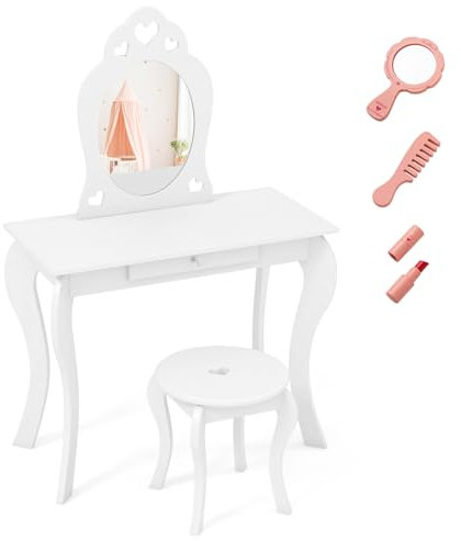 COSTWAY Kinder Schminktisch, Frisiertisch mit Hocker & abnehmbarem Spiegel, Schminkkommode Holz mit Zubehören, Kosmetiktisch Mädchen mit Schublade, 70x34x105cm (Weiß)