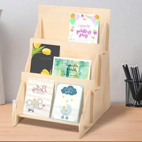 Présentoir de cartes de vœux à 3 niveaux en bois multifonctionnel pour cartes, livres, autocollants, présentoir de comptoir, présentoir de cartes pour cartes postales, brochures, photos, images
