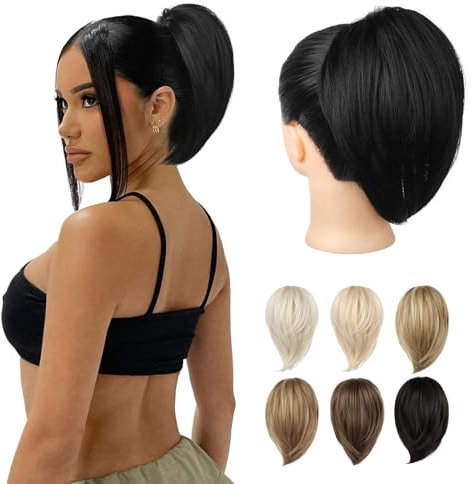 REECHO Ponytail Extension, kurzer glatter Ponytail Extension, Haarkrallen Dutt Haarteil unordentlicher Dutt natürliches Kunsthaar falscher Pferdeschwanz Haarverlängerung für Damen - Schwarz