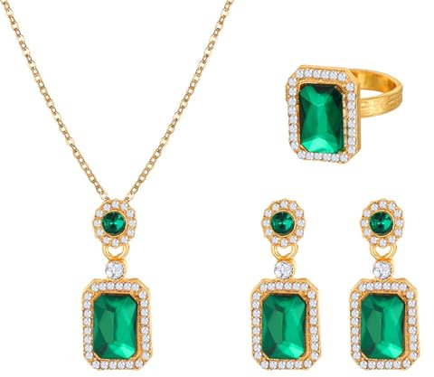 FDEETY Rechteck Smaragd Schmuckset Ohrringe Ring Halskette Kristall Zirkonia Strass Damenset Goldfarben Juwelenkollektion