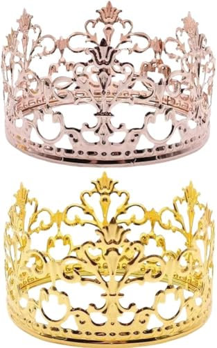 JWKLYZH 2er Set Goldene Krone Tortendeko, Kuchendekoration Krönchen Geburtstag Deko Krone Topper Goldfarbene, für Kinder Mädchen Frauen Geburtstag Party, Gold + Rosa