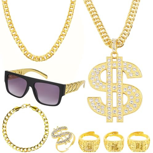 9 Stück Zuhälter Kostüm Set, 80/90 Jahre Hip Hop Anziehen, Rapper Kostüm, Metall Vergoldet Große Goldkette, Chinesische Zeichen Ring Geeignet, Dollar Symbol Ring für Karneval Fasching Mottoparty