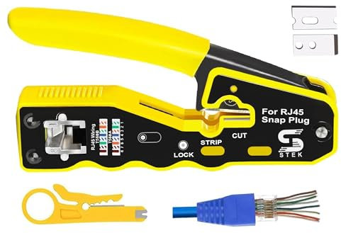 SAMTEK RJ45 Crimp Tool Kit – All in One Pass Through Ethernet Crimping Tool for Cat5, Cat6, Cat7 Cables – Includes RJ45 Crimping Tool with 2 Extra Blades – Network Cable Repair Tool Set (Yellow)