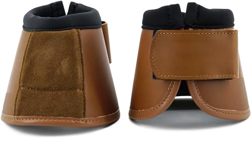 QMYBROW No Turn Bell Boots Hoof Protection,Shock Absorbing, Water-Repellent,with Anti-Spin Fastening System |Neoprene,Waterproof Cloth,Genuine Leather (Brown, Full (Large))