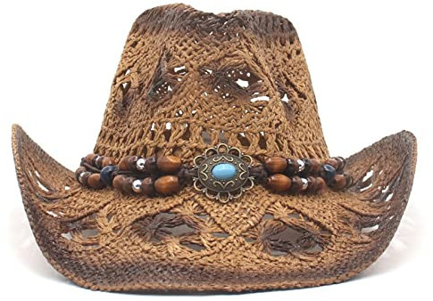 Adult Men Women Summer Casual Beach Hat, Bead Decor Top Hollow Out Straw Cowgirl Cowboy Hat for Vacation (02Dark Coffee, ONE Size)