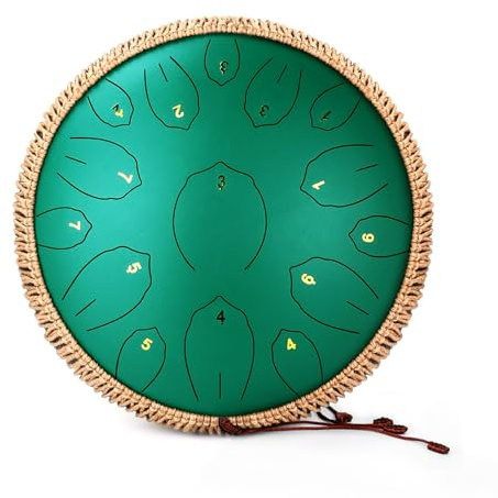 Steel Tongue Drum, 14 Zoll 15 Note Tongue Drums, Handpan Drums for Adultes, Steel Drum Instrument with Music Book, Steel Handpan Drum Mallets and Carry Bag, C Dur, Green
