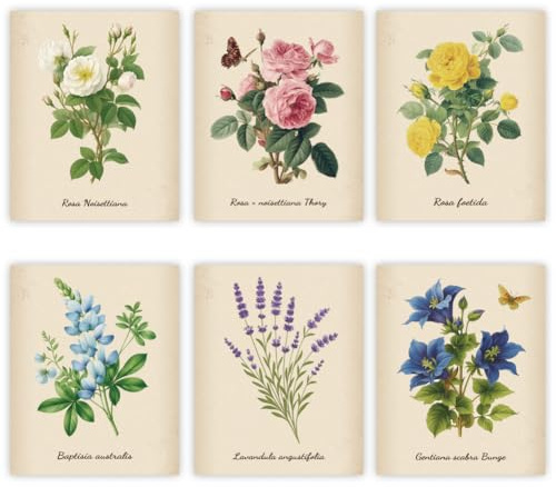 GOMAKERER 6 Stück Vintage Wandkunst Dekor Mit Blumenmuster Retro Bouquet Botanisches Wandposter Minimalistisches Ästhetisches Poster Bilder Für Wohnzimmer Schlafzimmer Büro Wohndekoration (Ungerahmt)