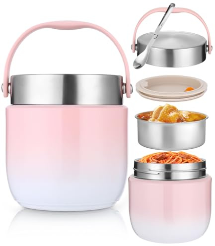 Thermobehälter für Essen 1200ml, Thermoschüssel mit Deckel, Rosa | Warmhaltebehälter aus Edelstahl mit Faltbaren Löffel, Lunchbox Thermo Kinder Erwachsene für die Aufbewahrung von Brei, Suppen