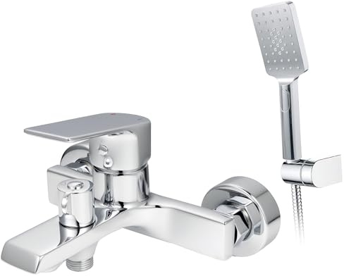 VANCOCO Badewannenarmatur mit 3-in-1 Handbrause (Square) Set, Wassersparende Aufputz Mischbatterie aus Messing (24h Salzsprühnebelprüfung) für Badewanne inkl. Brauseschlauch und Halterung, Chrome