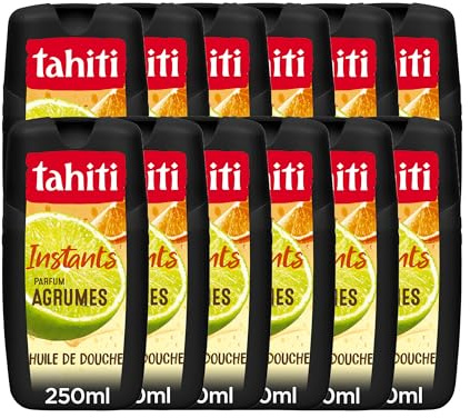 Tahiti Instants, Gel Douche Agrumes et Huile de Coco, Lot de 12 x 250 ml | Huile de douche énergisante, Nettoie et hydrate à l'huile de coco naturelle, Technologie bien-être aux notes d'agrumes