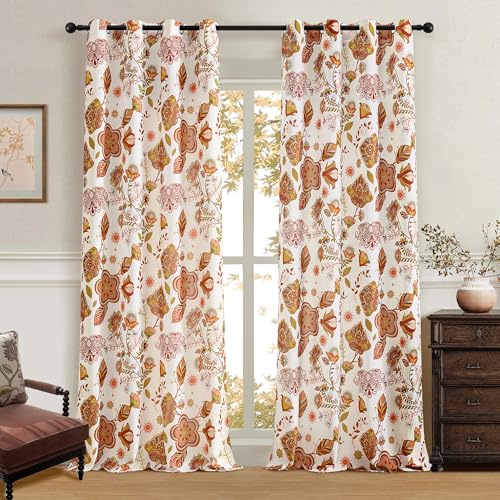XiDi Terracotta Blumen-Leinen Gardinen 245 cm Rustikales Blatt-Muster Rückenleiste-Befestigung Halbdurchlässig Lichtfilternd 2 Paneele für Wohnzimmer & Esszimmer