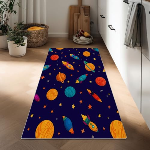 Cartoon Stil Waschbarer Läufer Teppich Flur 40 x 120 cm, Universum Rakete Sterne Bettvorleger Modern Küchen Wohnzimmer Schlafzimmer Teppiche rutschfest Kurzflor Weich Flurläufer Teppichläufer