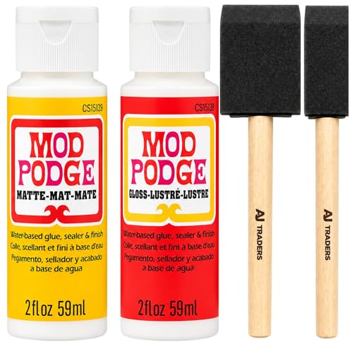 Mod Podge Water Based Craft Glue & Sealer Bundle – Modge Podge Matte & Gloss 2 fl oz 59 ml with Foam Brushes for Decoupage, Puzzles, Paper, Fabric & DIY Crafts, Quick Drying Decoupage kit.