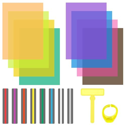 Dyslexia Reading Overlays 18 Pack, Anti Glare Coloured Guide Strips A4 | PVC Free Tinted Sheet Set 18, 8 A4 Films 8 Ruler Ring Tool, Visual Stress Colour Filter Screen ADHD Reader Aid