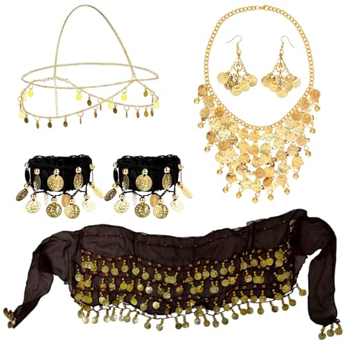 RAOPNHS Bauchtanz Kostüm Damen Set 6-Teilig, Bauchtanz Hüfttuch und Schmuck mit Münzen, Exotisches Karneval Kostüm Zubehör, Ideal für Tanzshow und Festliche Party